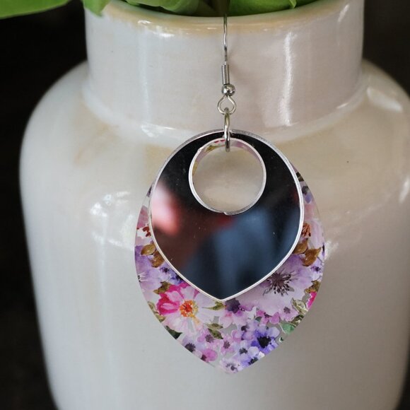 Layered Floral Acrylic Earrings – Mirrored Top Dangle Earrings – Statement - Picture 8 of 11